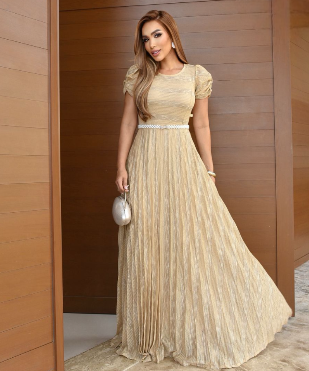 Vestido Longo Plissada na Malha Flower - Pauline