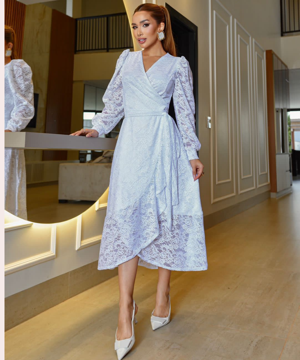 Vestido Longuete Branco Renda Transpassado todo Forrado com Manga Longa e cinto de Faixa - Valentina