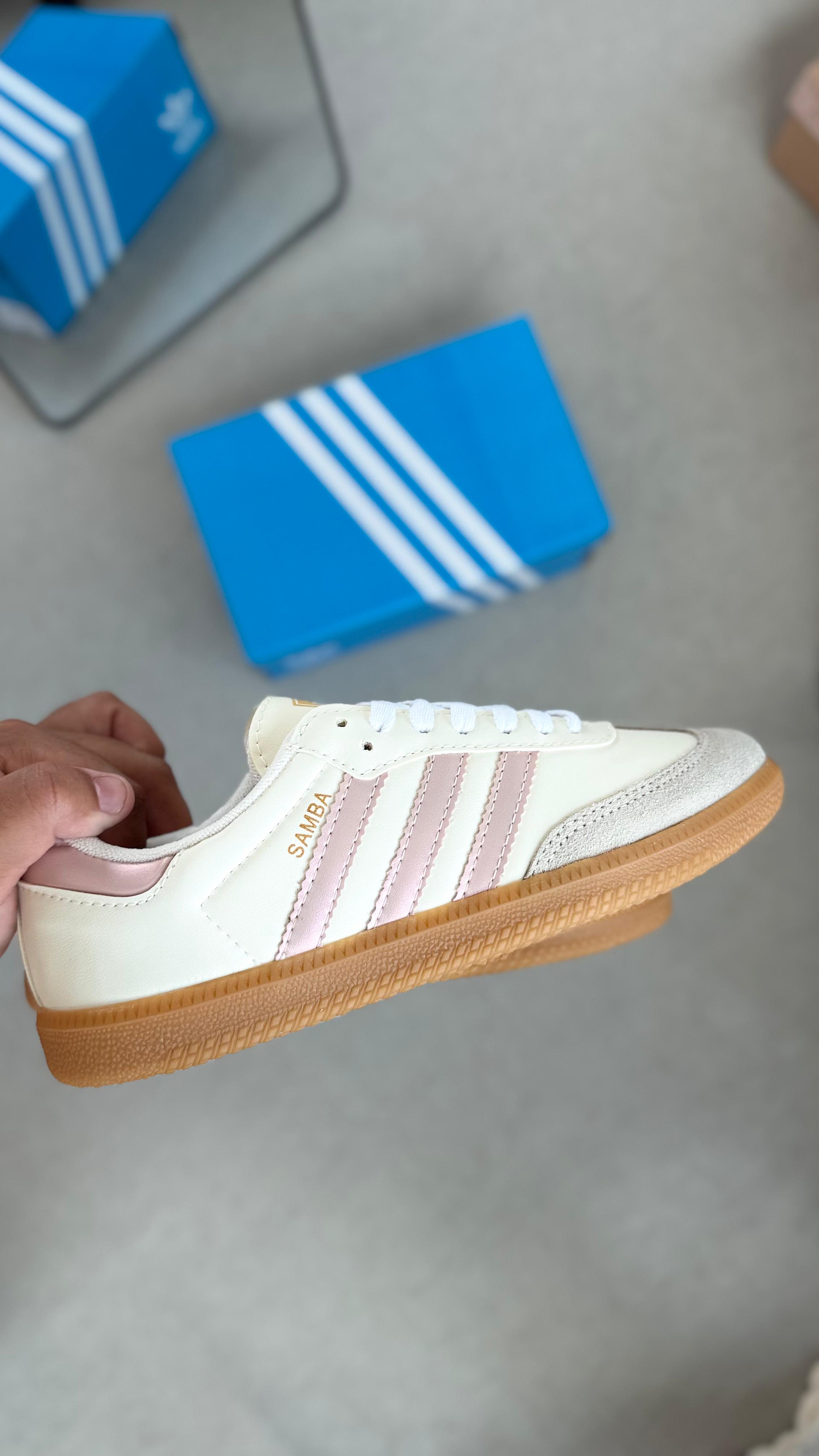 Tênis Samba Feminino Branco/Rosa Metálico