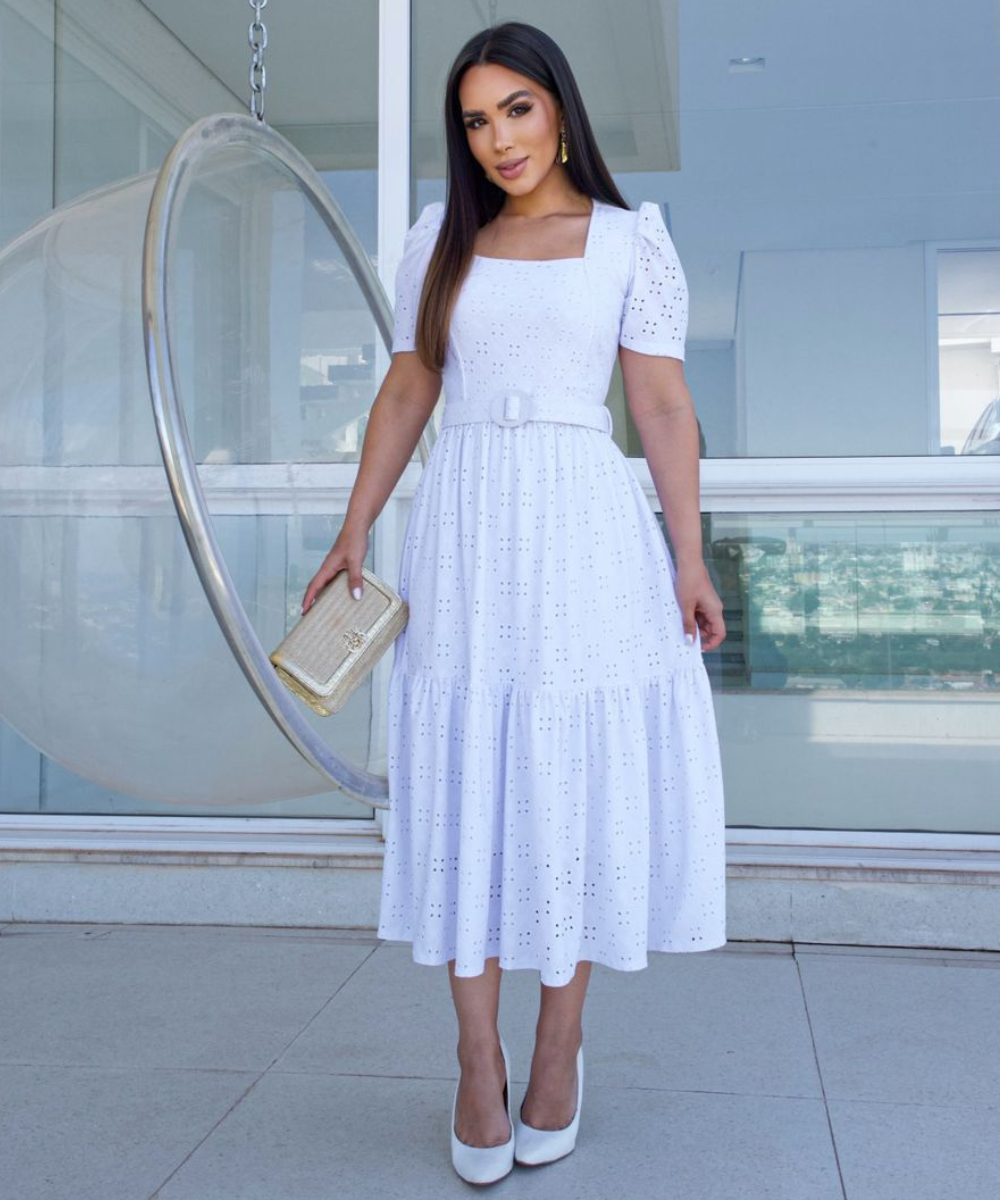 Vestido Midi Branco Malha Lese manga Princesa com Cinto Forrado - Bianca
