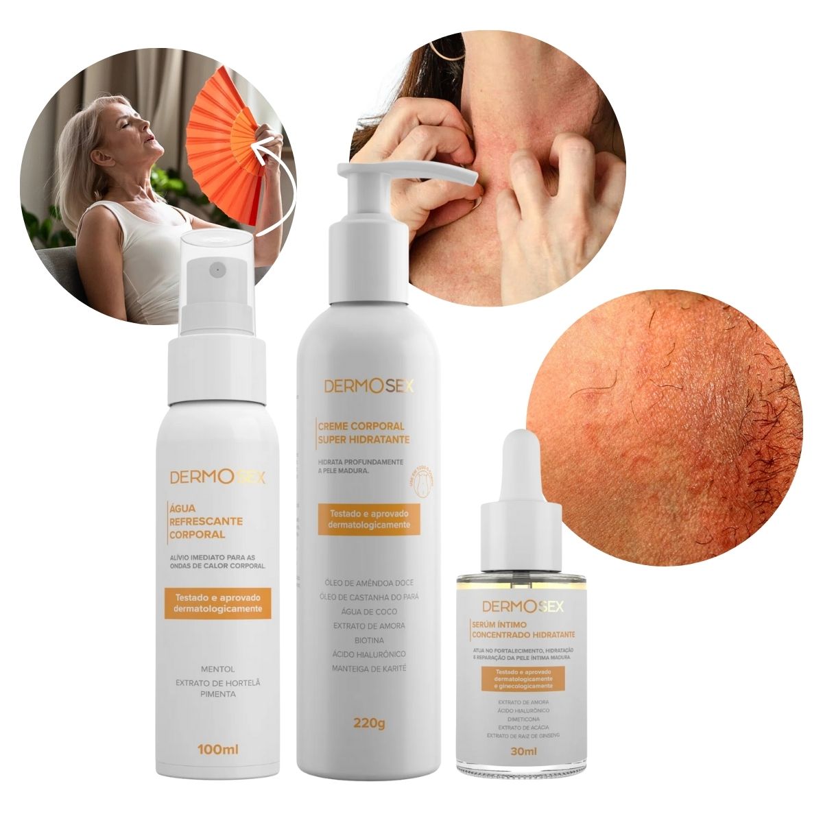 Kit Menopausa Água Refrescante + Creme Hidratante para Pele Madura + Sérum para Região Íntima