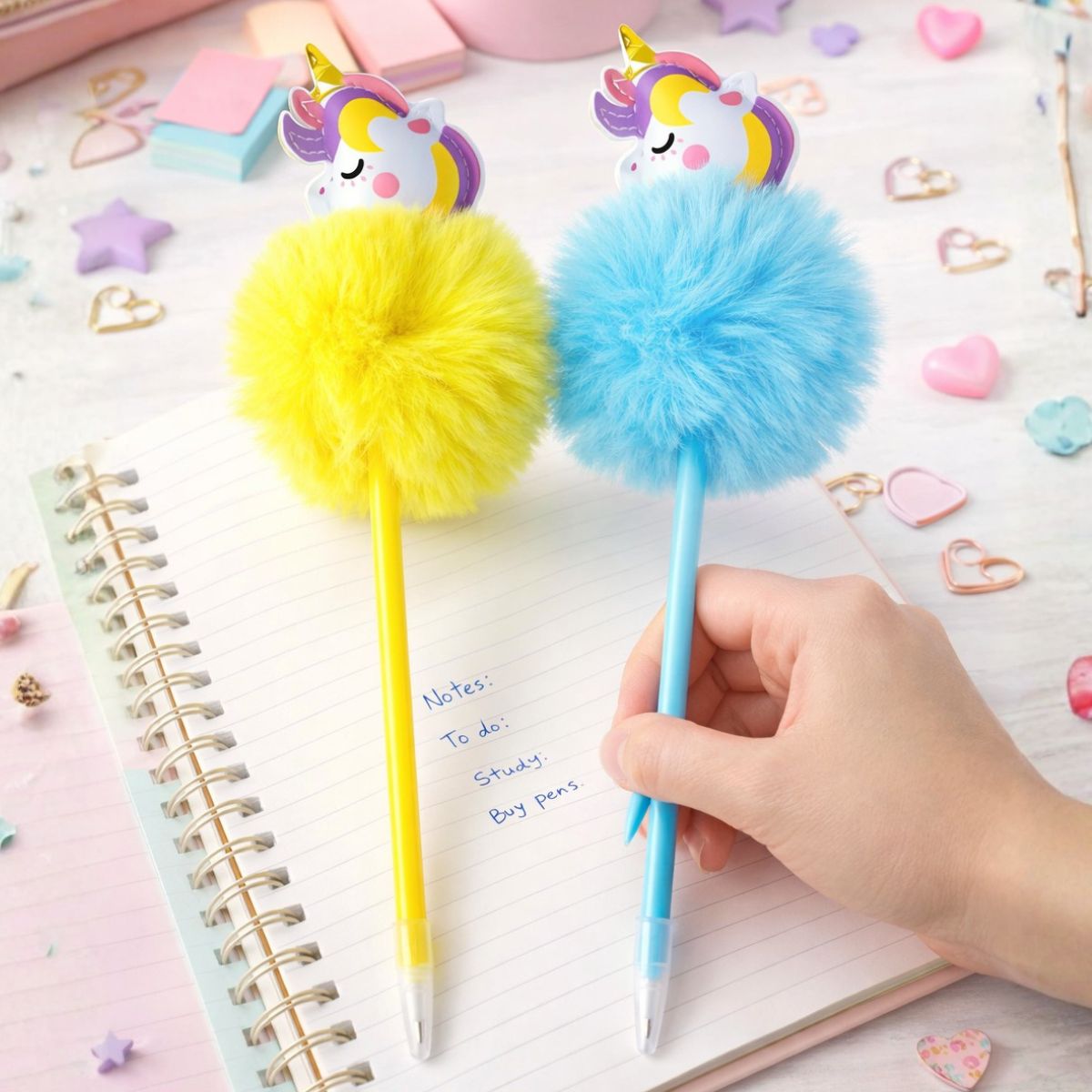 Caneta Pompom Pelúcia Unicórnio Papelaria Fofa Kawaii