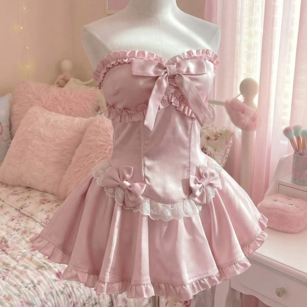 Vestido Rosa com Laços e Babados Dollette com Renda