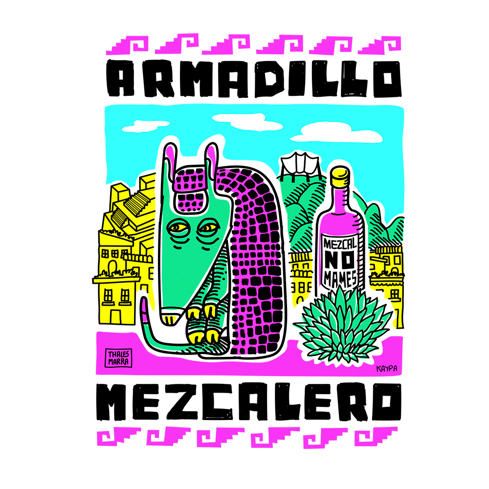 Detalhe da estampa Armadillo Mezcalero da Kaypa, mostrando um tatu de óculos de sol a beber mezcal, estilo ilustração vintage e serigrafia artesanal.