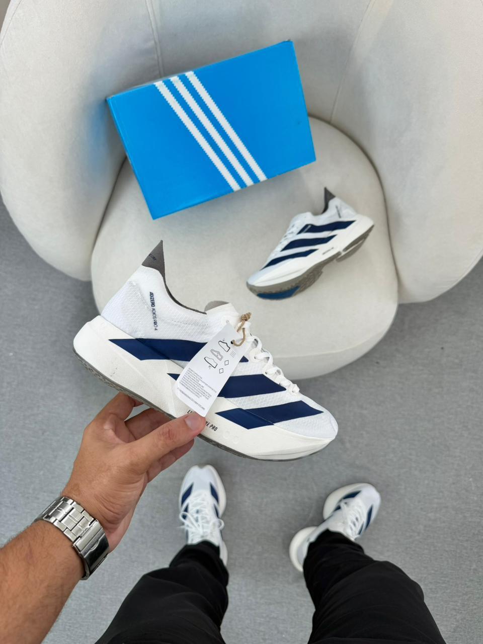 Tênis Masculino Adidas Adizero Adios Pro 4 Branco/Azul   Esportivo Leve e Importado