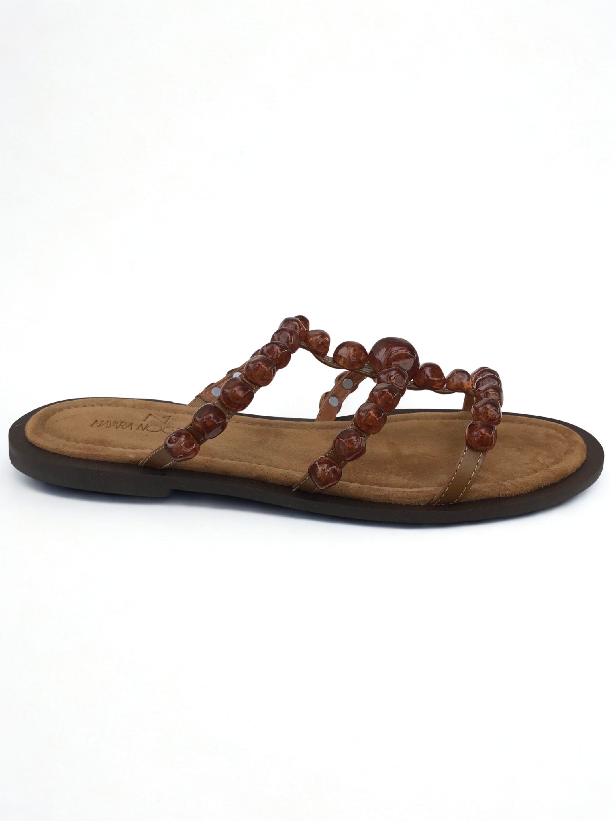 Rasteira Tiras de Esferas Âmbar em Couro