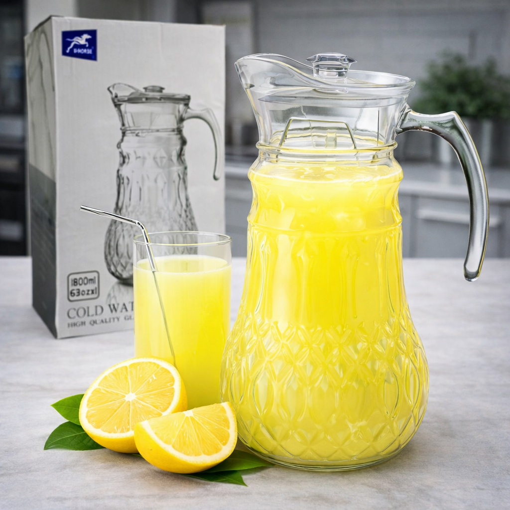 Jarra de Vidro 1,8L com Tampa Acrílica Transparente Modelo Redondo