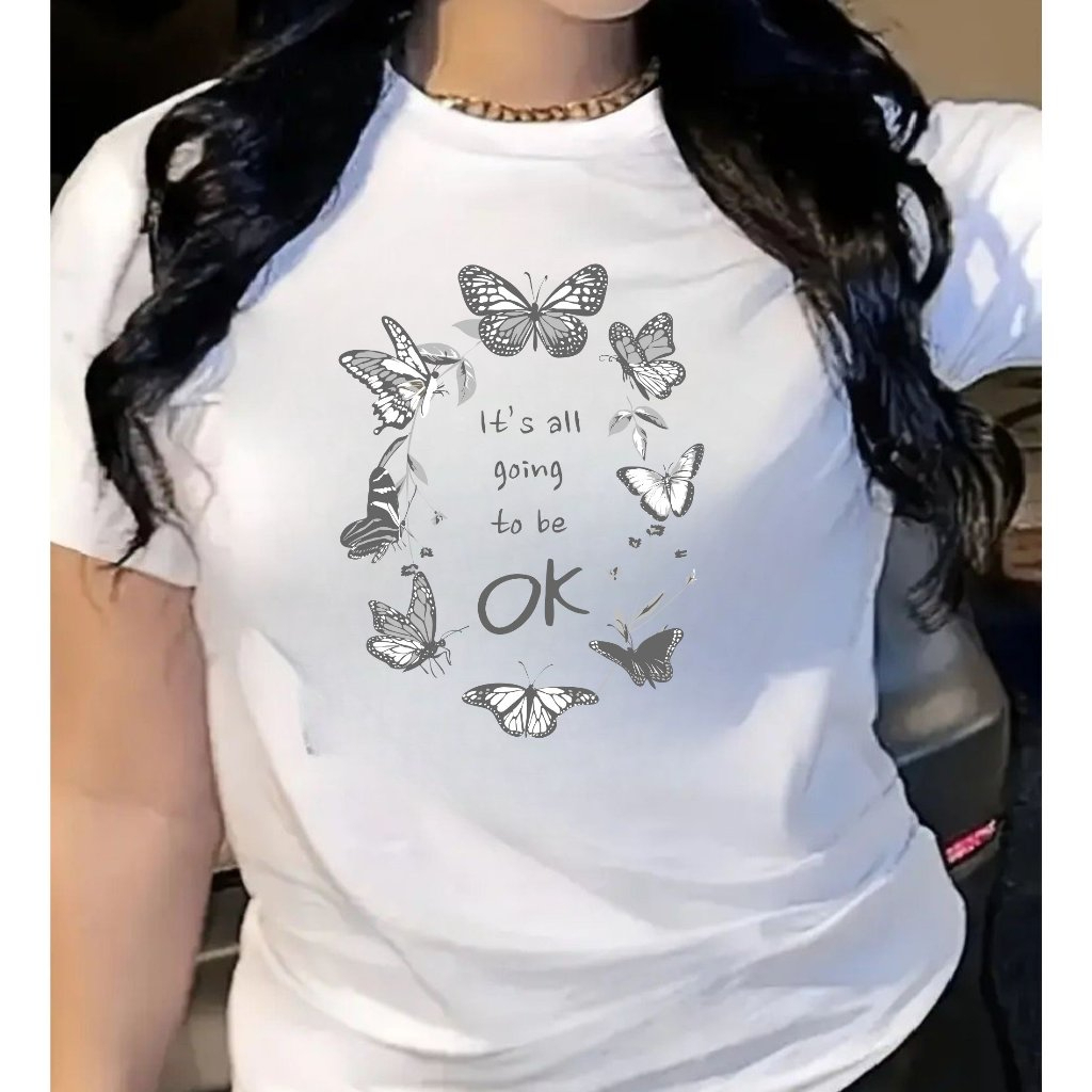 Camiseta Feminina Frase Borboletas Manga Curta