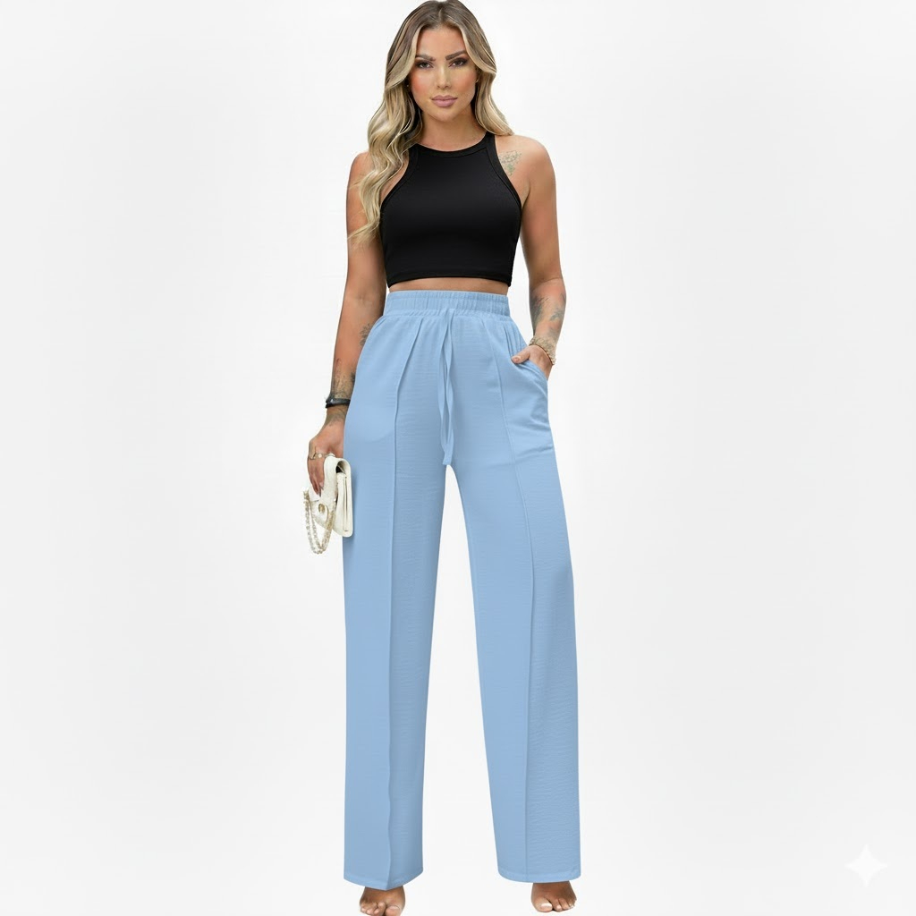 Calça Pantalona Cintura Alta Feminina Wide Leg Duna com Bolso Tendência Blogueira