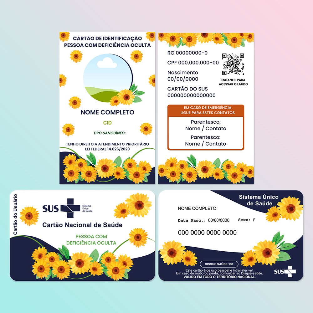 Kit Modelos Editáveis Canva - Crachá + Cartão do SUS Girassol Jardim Azul