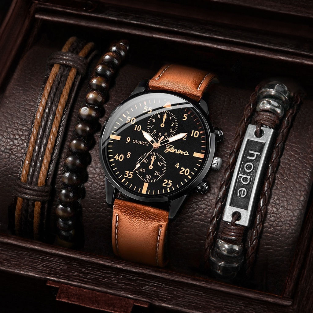 Relógio De Quartzo Masculino Casual + Pulseira De Couro Vintage