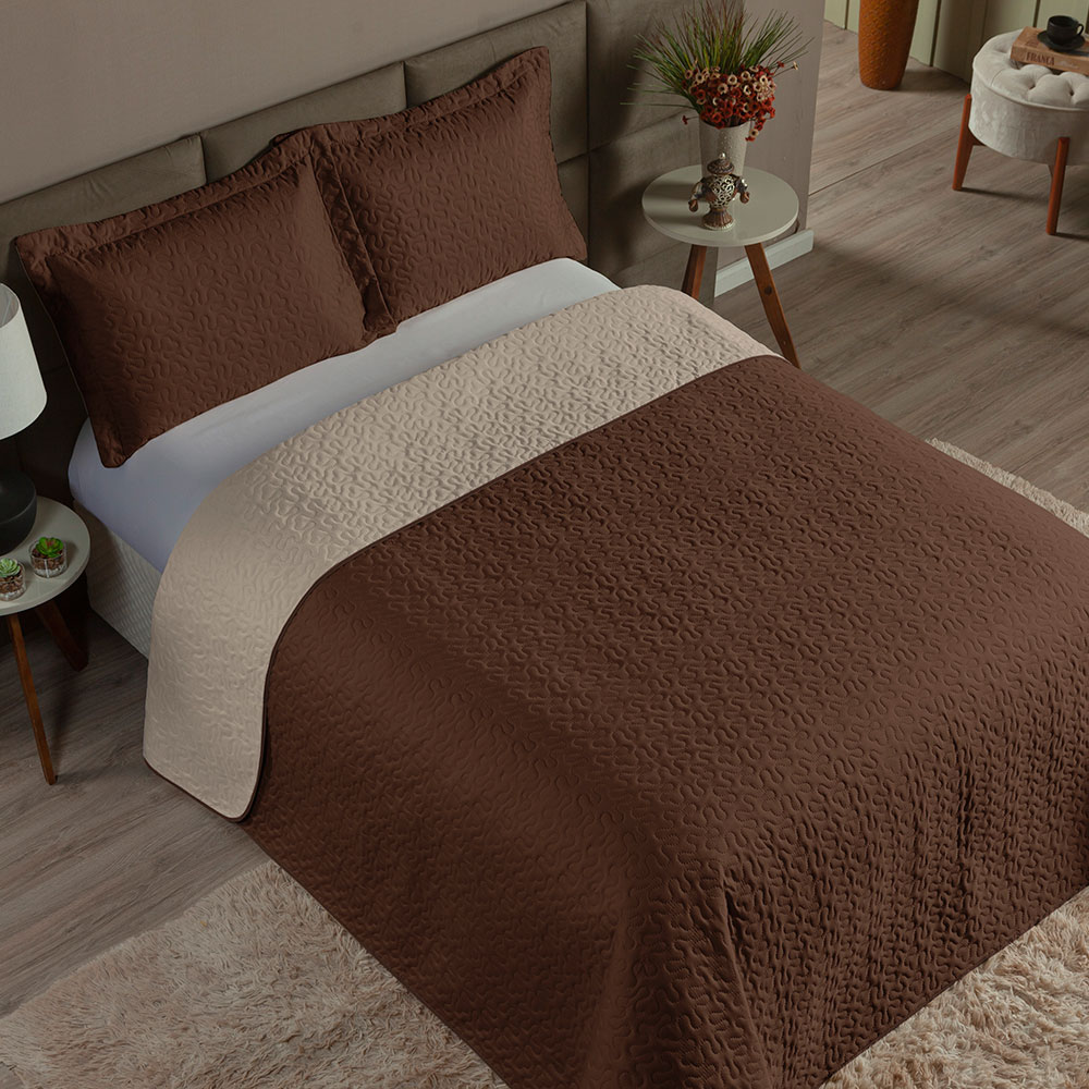 Cobre Leito Casal Dupla Face Kit 3 Pç Clara Cáqui e Marrom