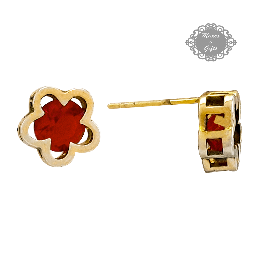 Brinco Flor Dourado com Pedra Vermelha