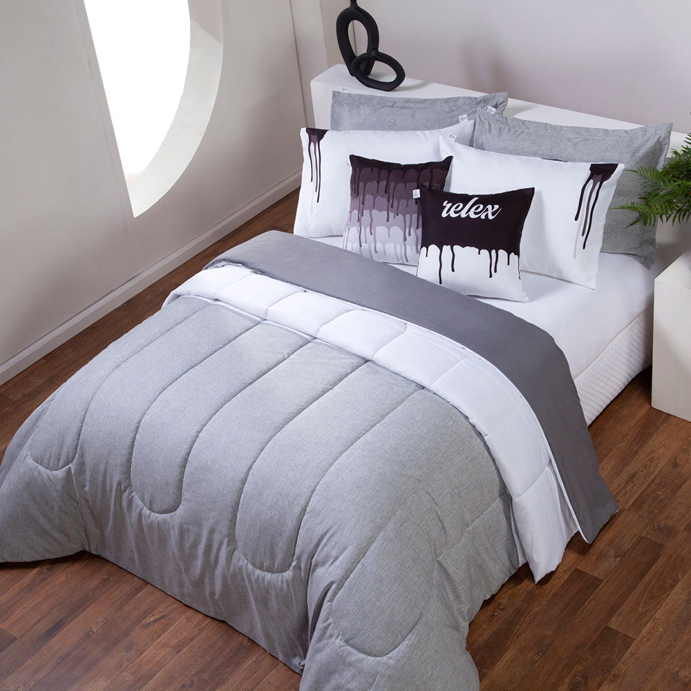 Edredom Casal Linho e Hipercal 400 Fios Colorful Cinza Kit 7 Pçs