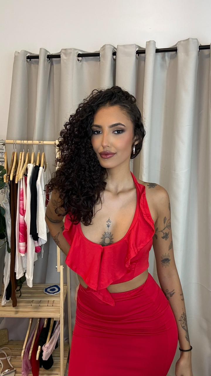 Conjunto Feminino Saia Longa e Cropped Feminino com Babado   Lumi