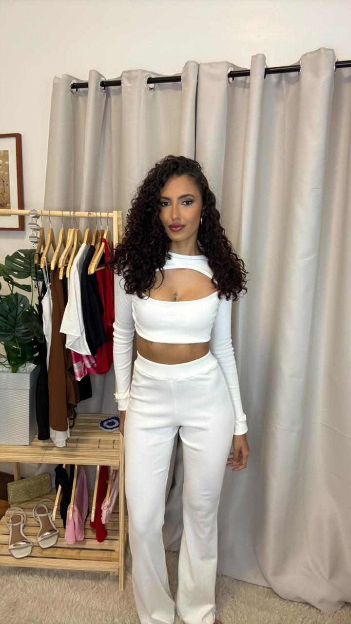 Conjunto Feminino Calça Flare e Cropped Manga Longa 2 em 1   Verona