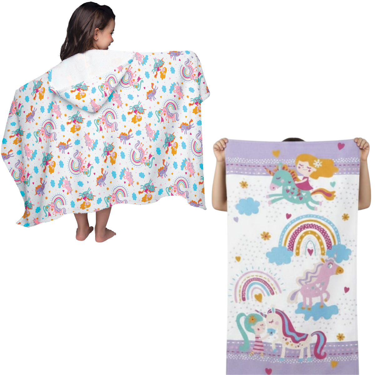 Kit Toalha de Banho + Toalha de Capuz Unicórnio