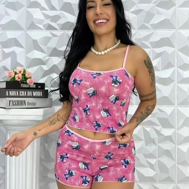 Pijama Baby Doll Micro Estampado Conjunto Feminino SAPEQUINHA Short Doll Curto de Dormir