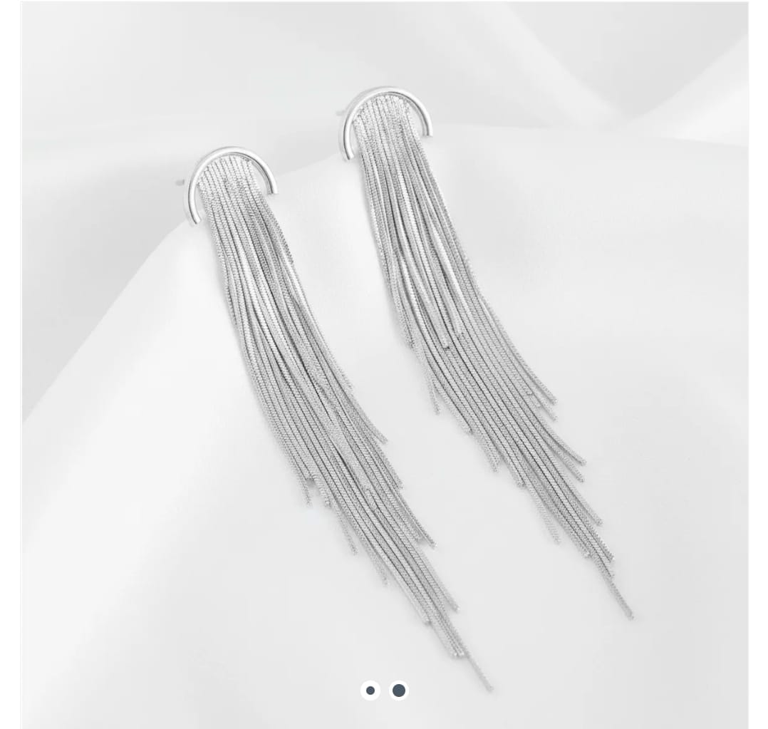 Brinco Grande com Franja Folheado Ródio Branco