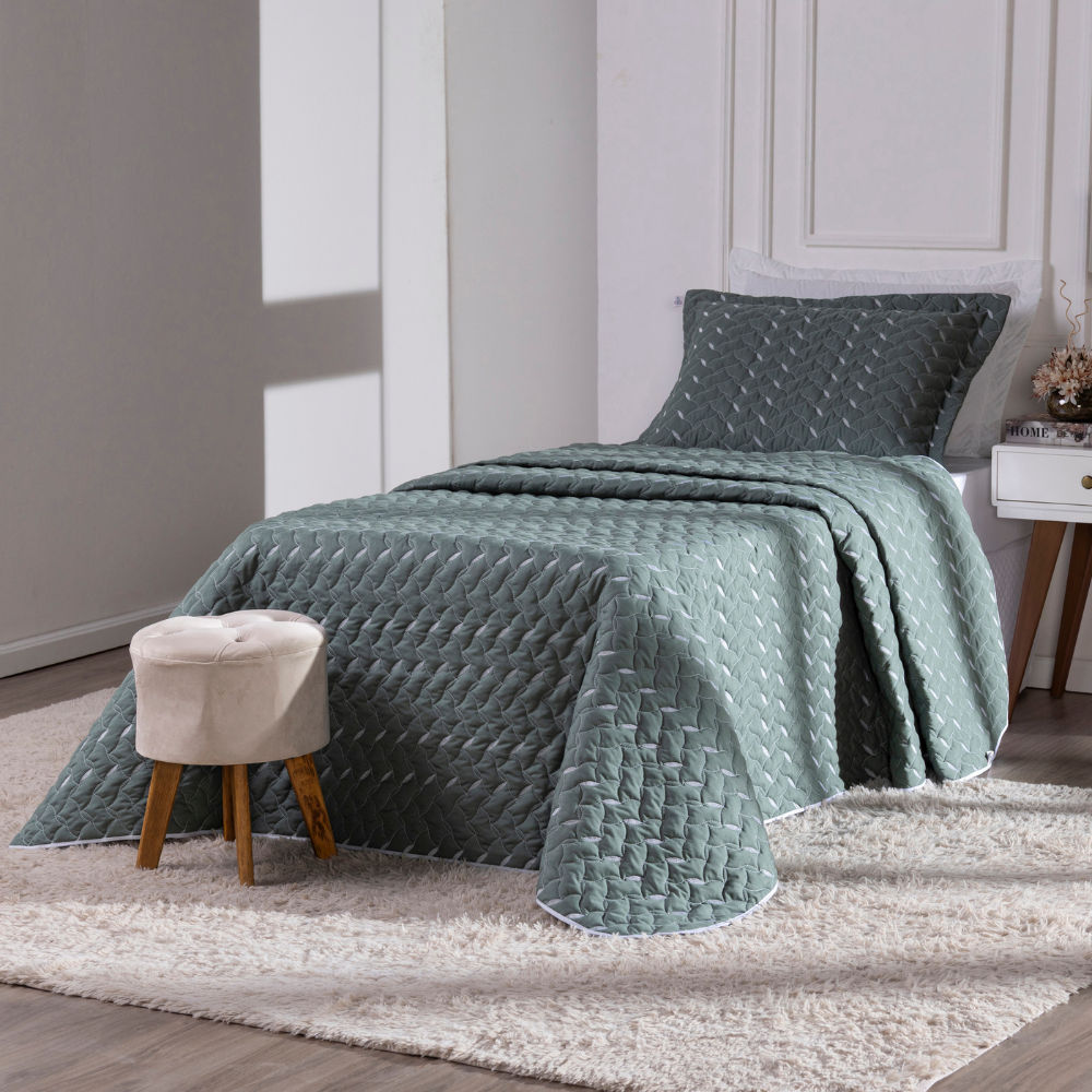 Kit Cobre Leito Solteiro 02 Peças Bordado Heitor Hipercal 400 Fios Verde Militar