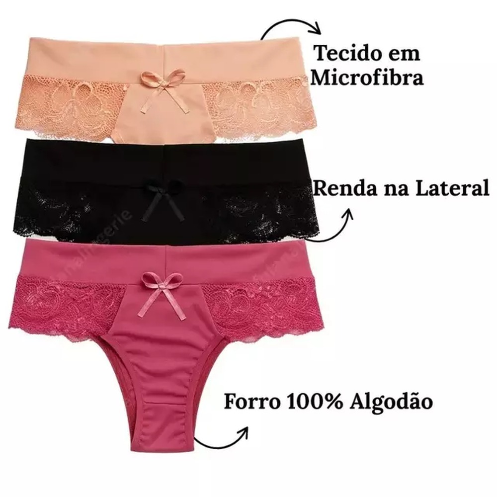 Kit 2 Calcinhas Microfibra Renda na Lateral Cintura Alta Conforto - Flor
