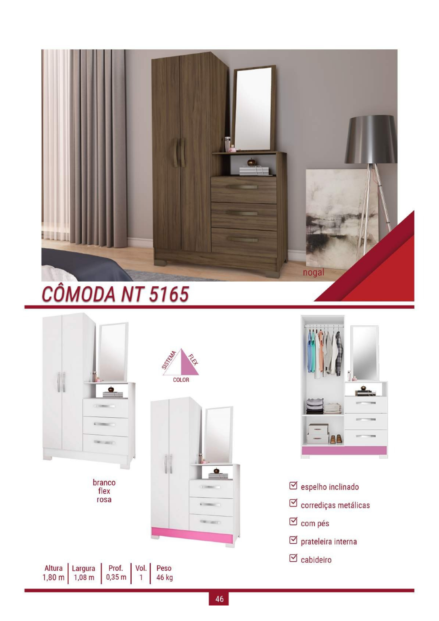 COMODA 3 GAVETAS E 2 PORTAS COM ESPELHO