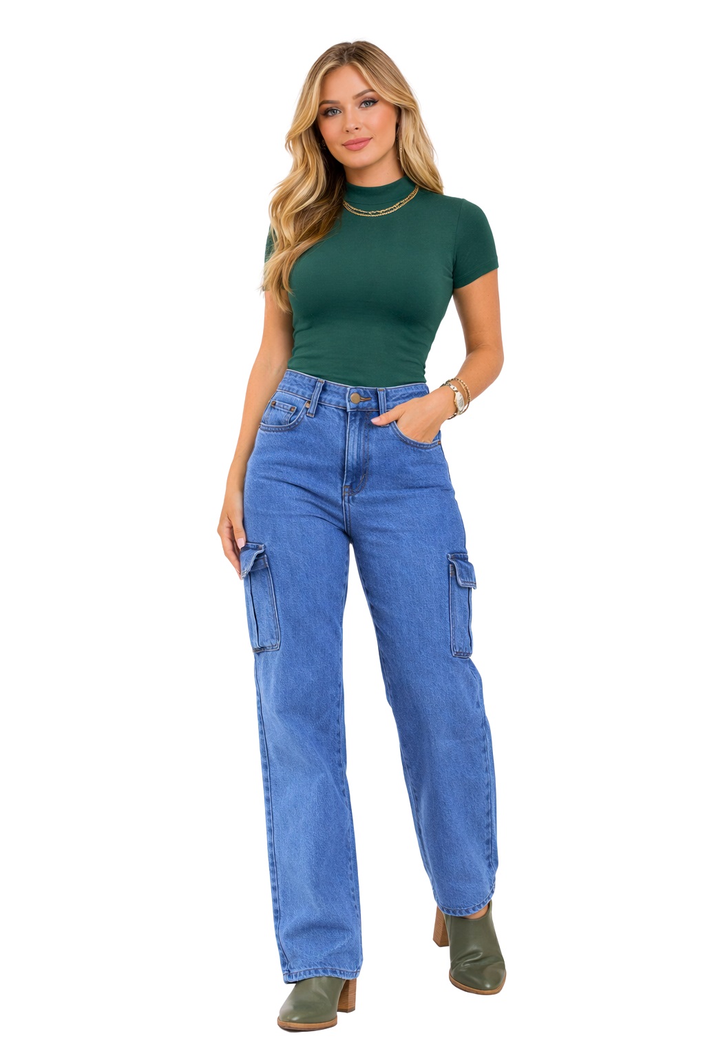 Calça jeans wide leg cargo cintura alta 100% algodão premium