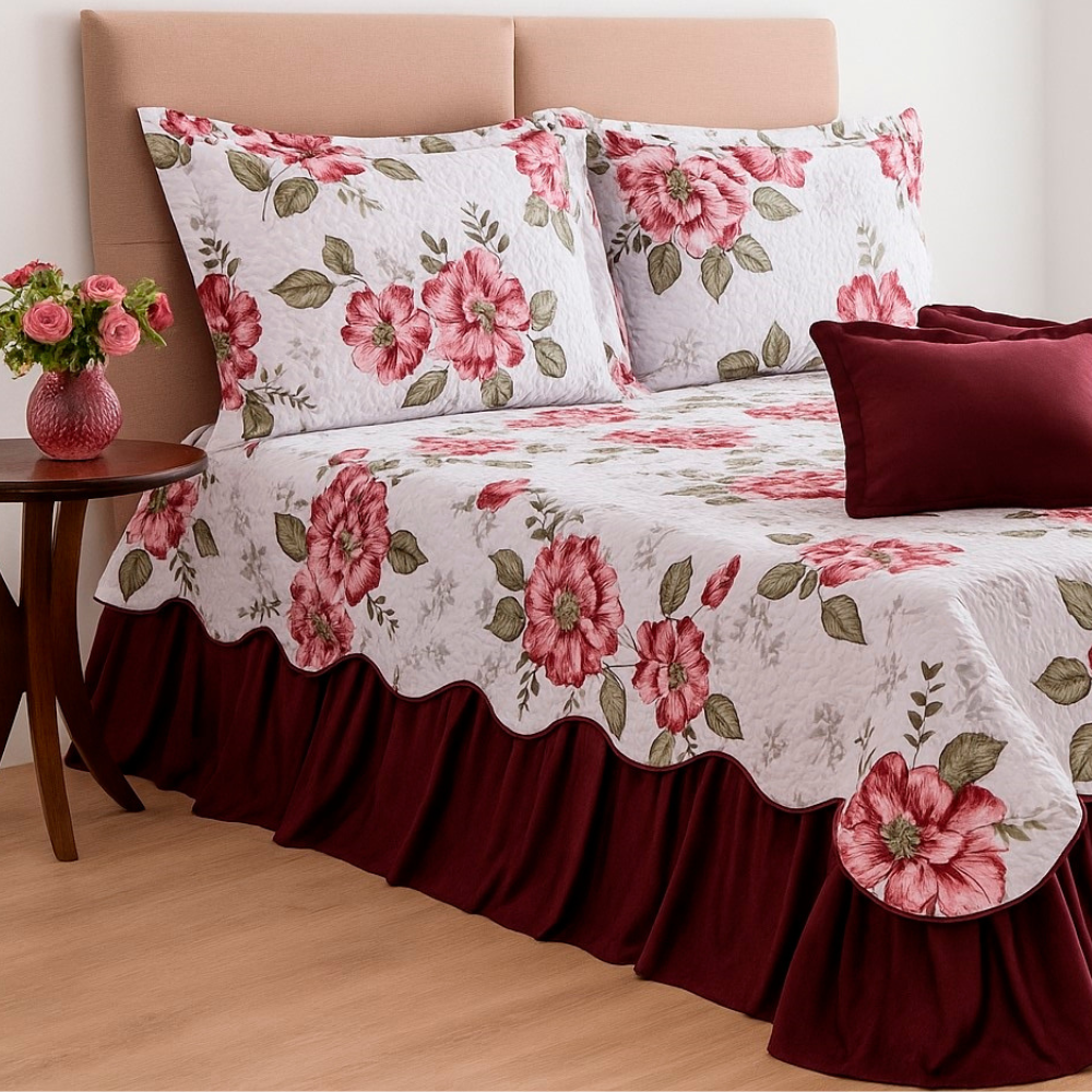 Cobre Leito Casal Colcha com Babados Buquê Ampola Belize Rosê 5 Pçs
