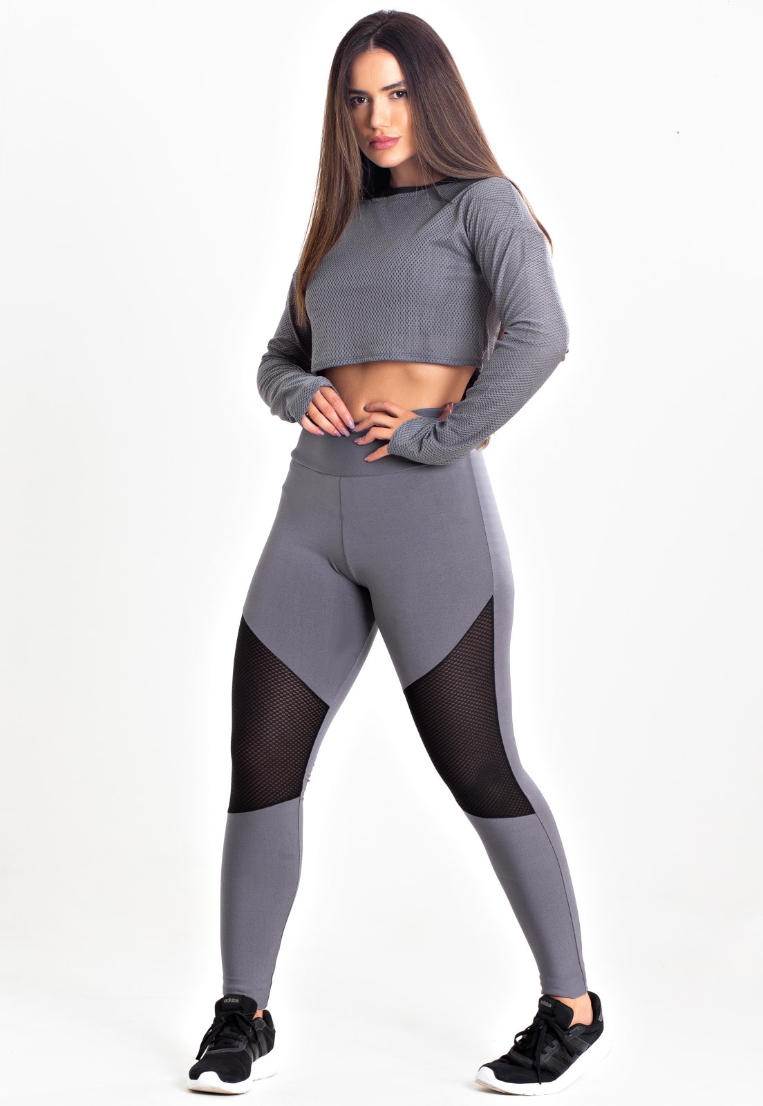 Conjunto Legging com Tela Dry Fit e Cropped Manga Longa