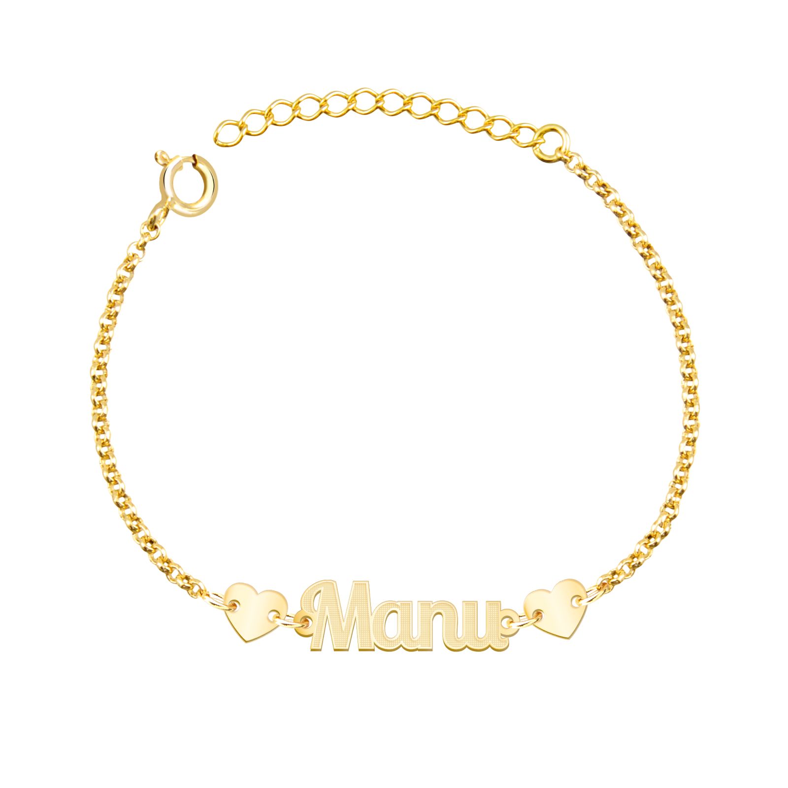 pulseira infantil com nome e corações banhado a ouro
