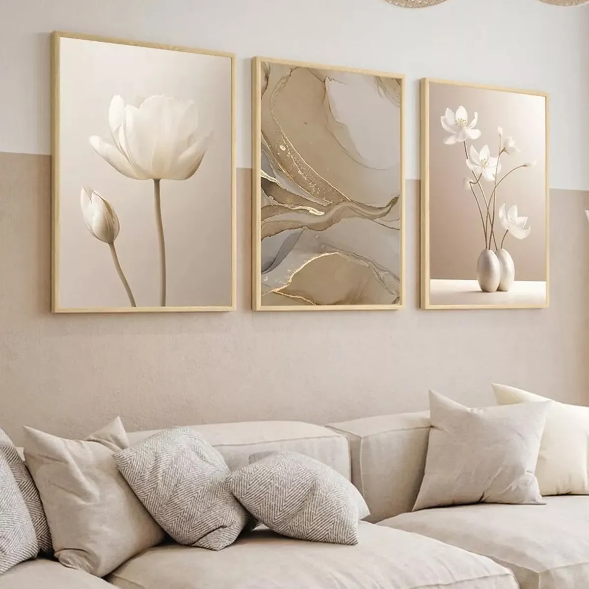 Kit 3 Quadros Decorativos Abstrato Flores Bege Boho Moldura