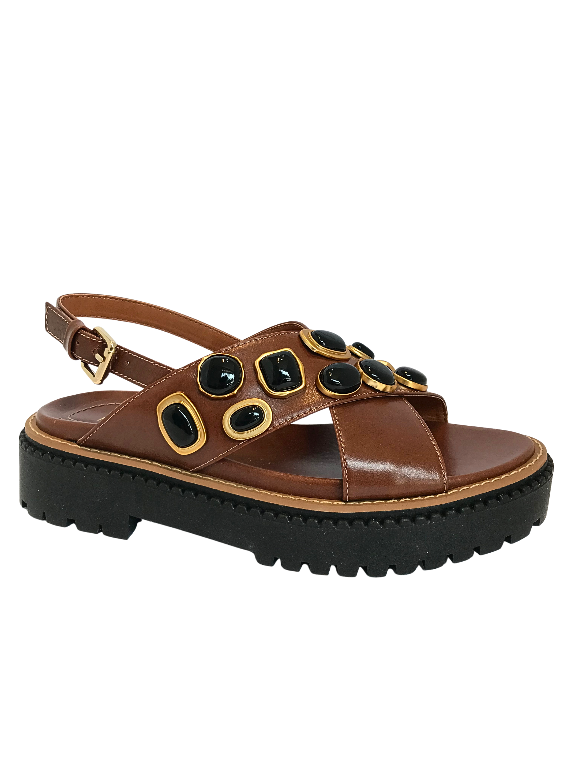 Sandália Flatform Couro Capuccino Pedrarias Ônix   Mayara Nogueira