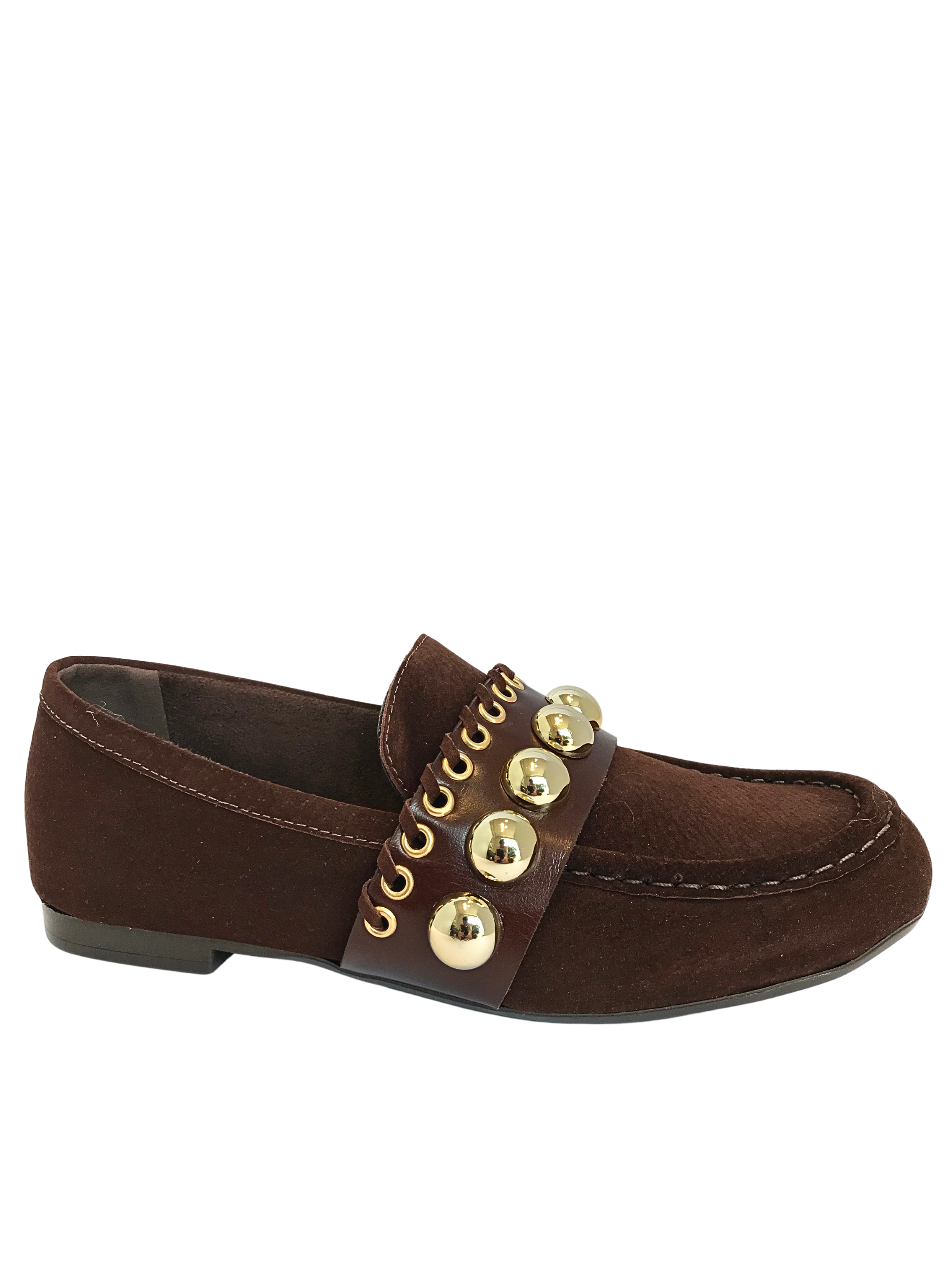 Mocassim Couro Camurça Cacau com Aplicações Douradas   Mayara Nogueira