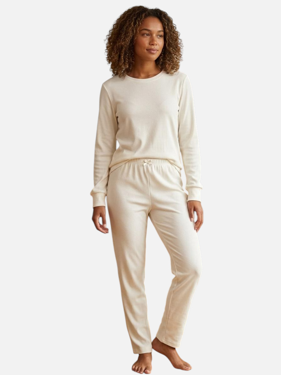 Pijama longo em malha de algodão canelada bege