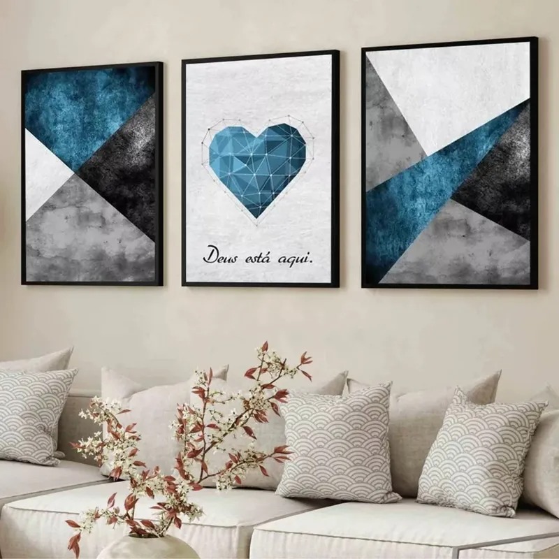 Quadros Decorativos Abstrato Coração Azul Frase Deus Moldura