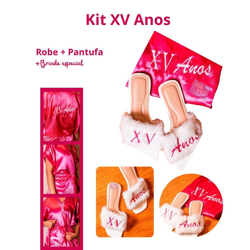 Kit Robe e Pantufa Bordados  XV Anos    Conjunto Exclusivo para Debutante