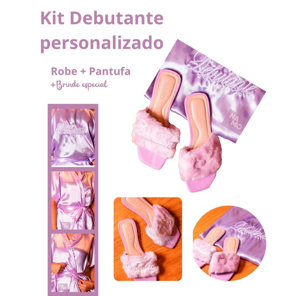 Kit Robe Debutante Roxo Bordado com Pantufa Bordada   Sofisticação para o Dia de 15 Anos