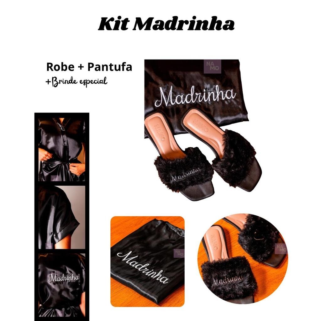 Kit Luxo Madrinha Robe Cetim Preto Bic com Pantufa Pelúcia Bordados  Madrinha 