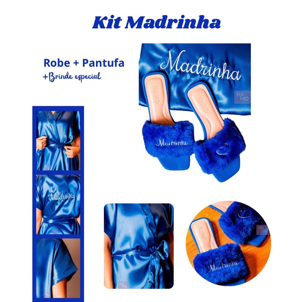 Kit Luxo Madrinha Robe Cetim Azul Bic com Pantufa Bordados  Madrinha