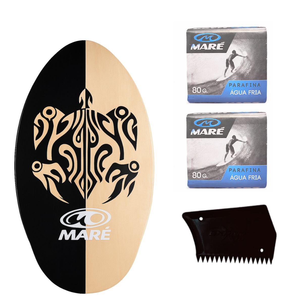 Kit Prancha Skimboard Maré 35" Madeira Naval completo com 2 Parafina e Raspador