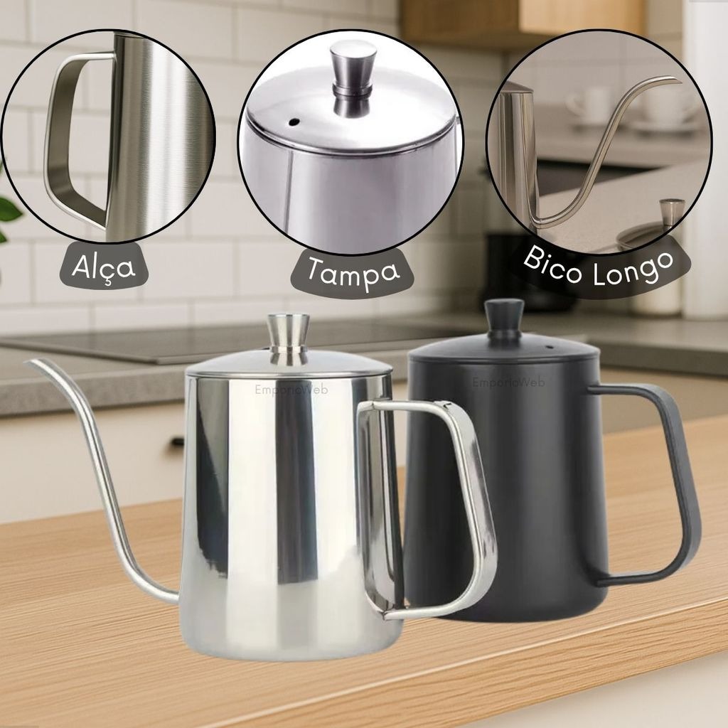 Bule Bico de Ganso em Aço Inox 600ml para Café Especial e Chá Decora Lar