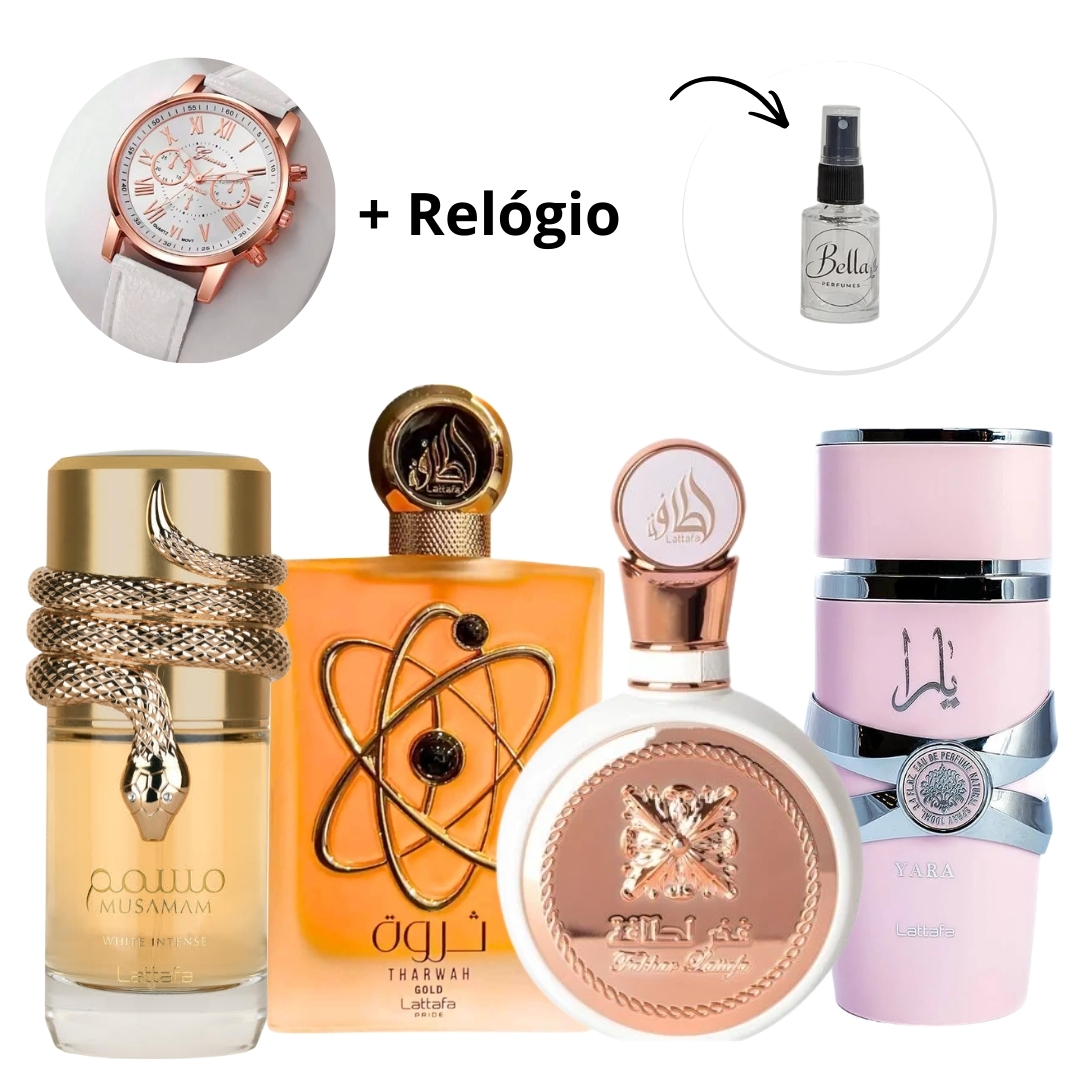 COMPRE 4 GANHE UM RELÓGIO- DECANT 5ML - Musamam,Tharwah Gold, Fakhar Rose e Yara Rosa