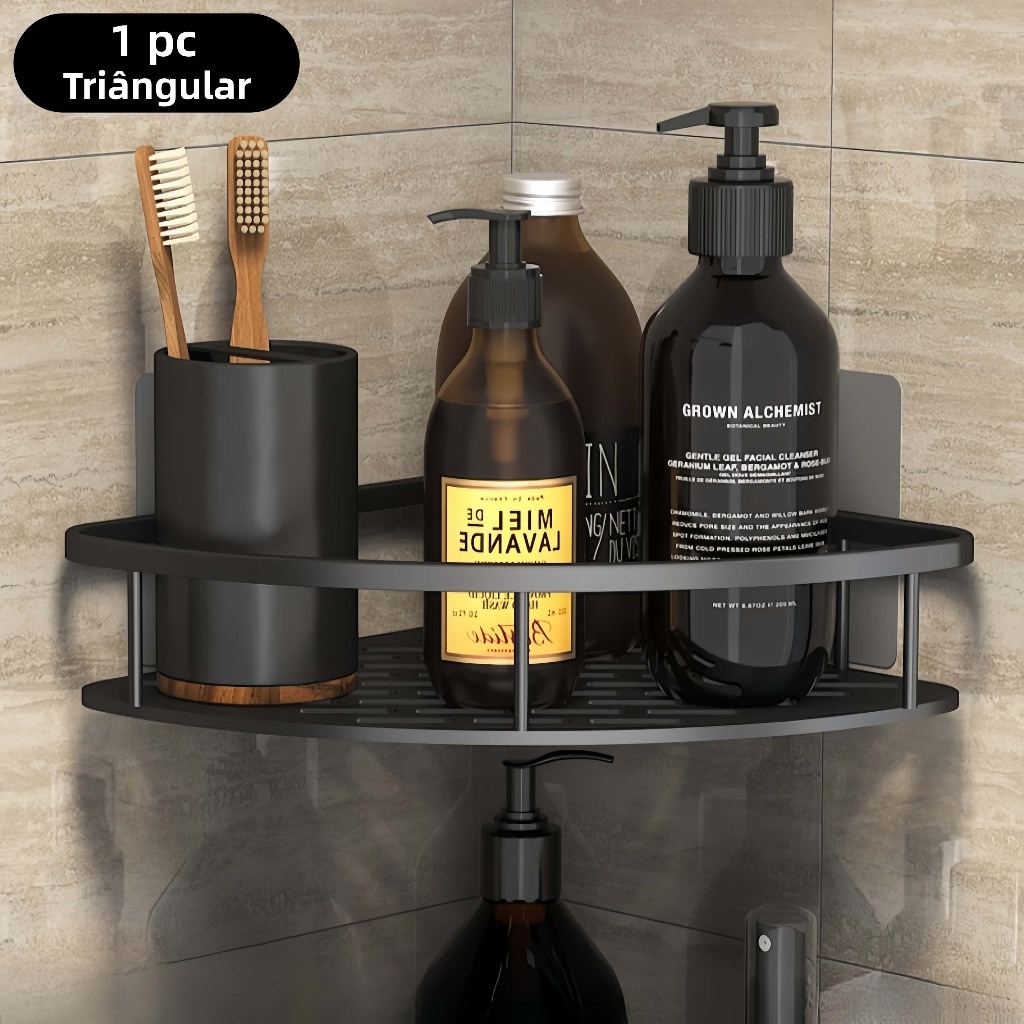 Suporte Organizador de Banheiro em Alumínio Preto sem Furo Porta Shampoo Premium Decora Lar