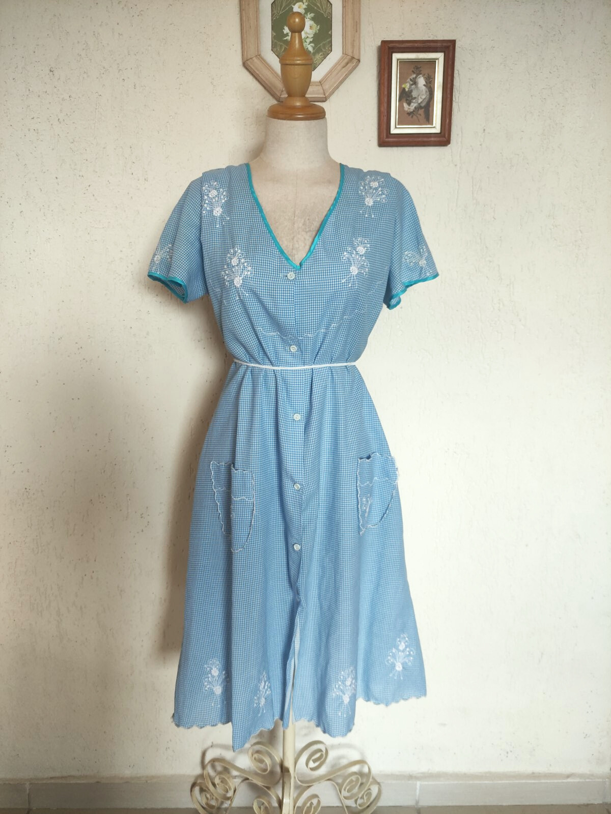 Conjunto camisola e penhoar vintage azul bordado - GG