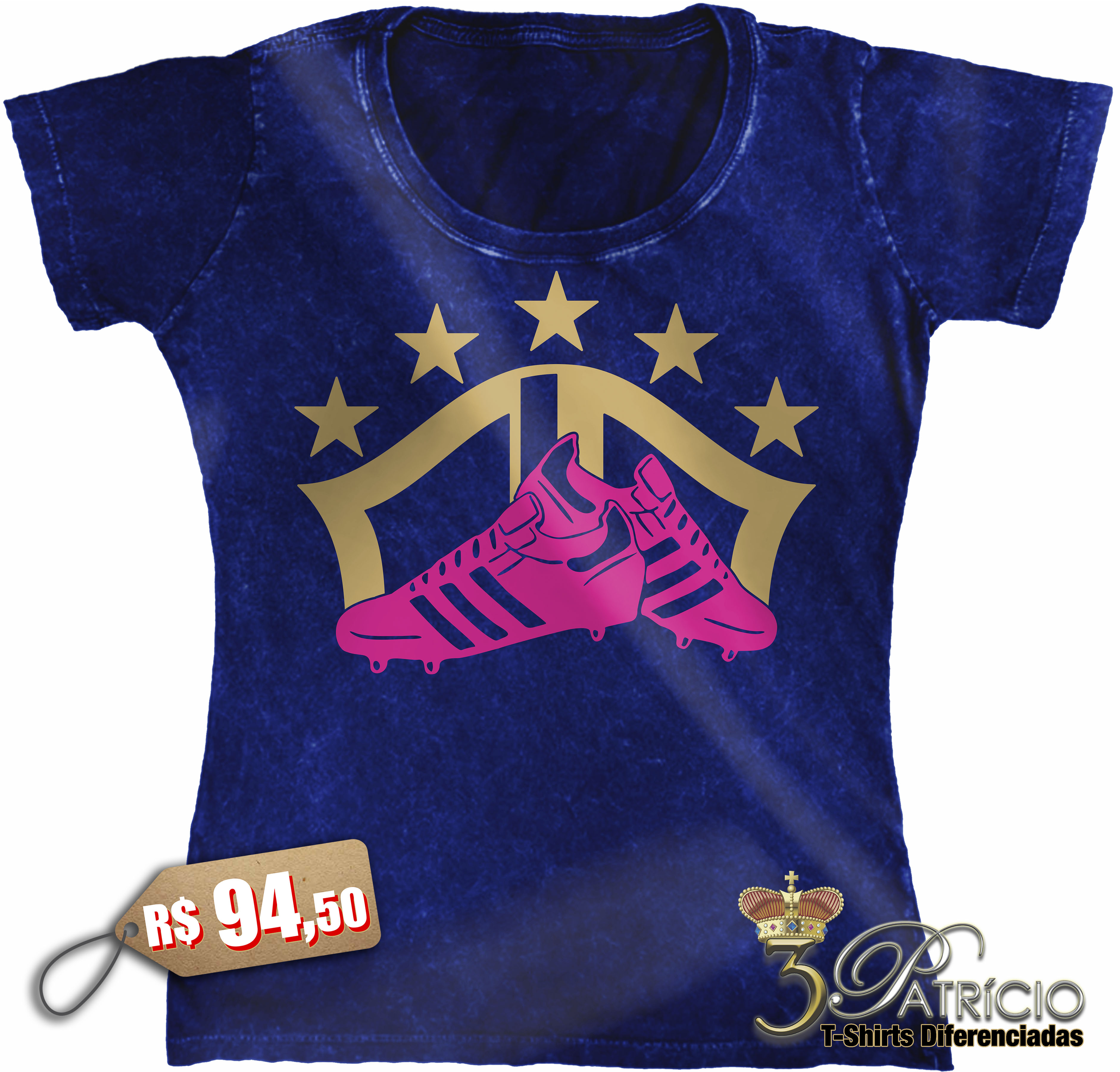 Baby Look Chuteira 5 Estrelas em 100% Algodão Premium Marmorizado