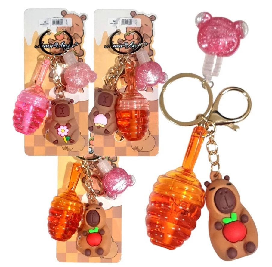 Lip Gloss Pote de Mel e Capivara com Chaveiro - Amor Anjo