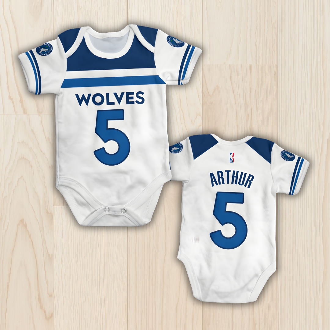 Body de bebê - NBA - Minnesota Wolves - Branco - Personalizado com nome e número