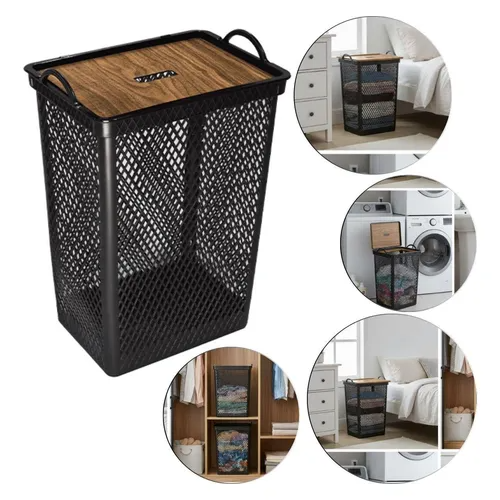 Cesto Roupa Suja Grande Com Tampa Estilo Madeira Organizador Lavanderia Banheiro 46L