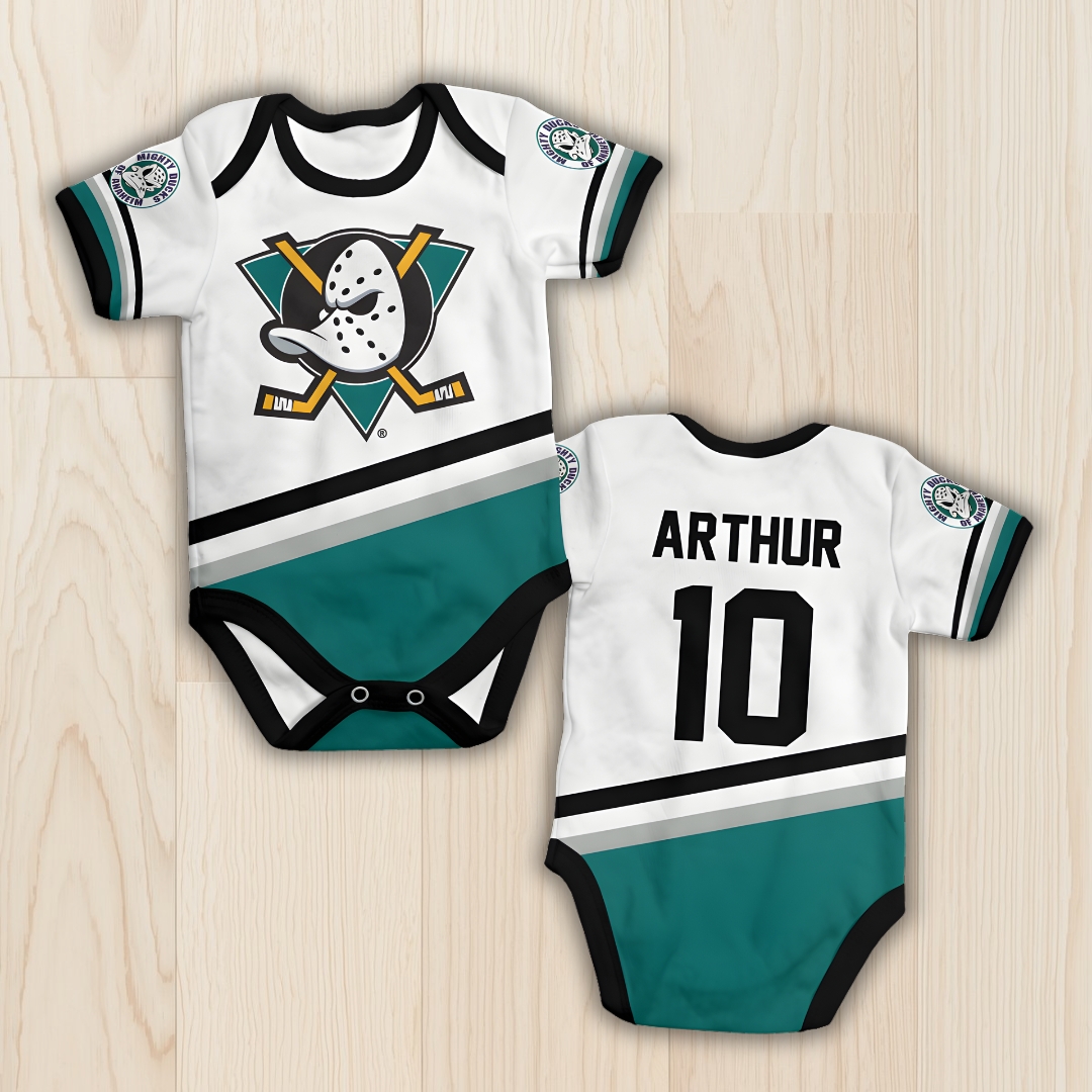 Body de bebê - Hóquei - Anaheim Ducks - Branco - Personalizado com nome e número