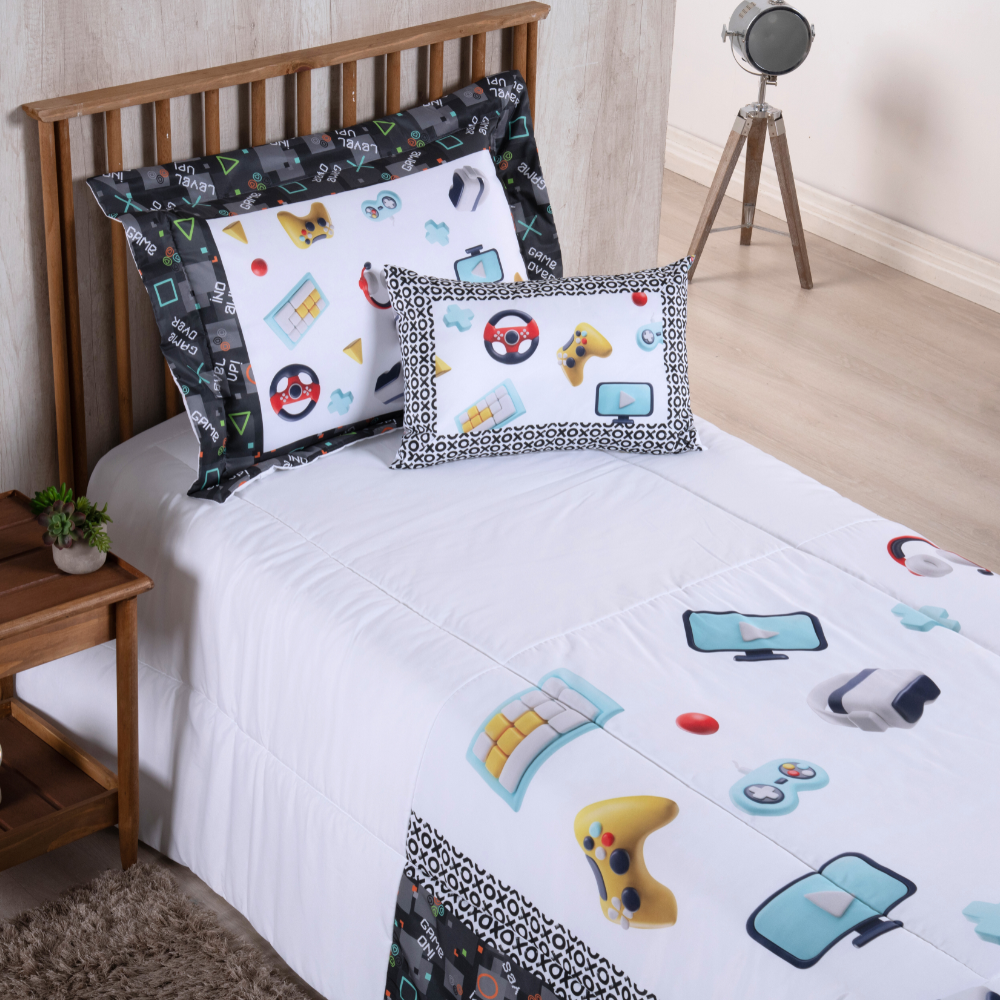Kit Edredom Boy 4 Peças Solteiro - 3 opções de Estampa digital - Micropercal 300 Fios